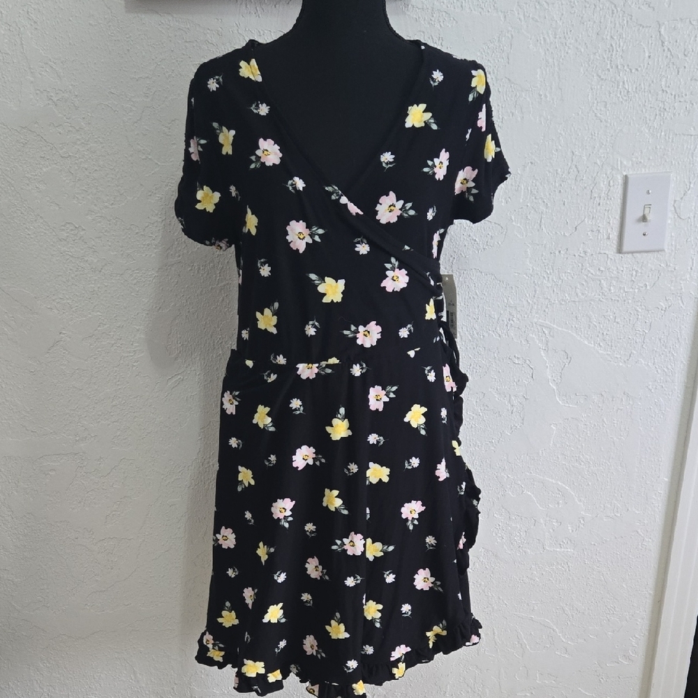 No Boundaries Black Floral Wrap Dress with Yellow & Pink Blooms